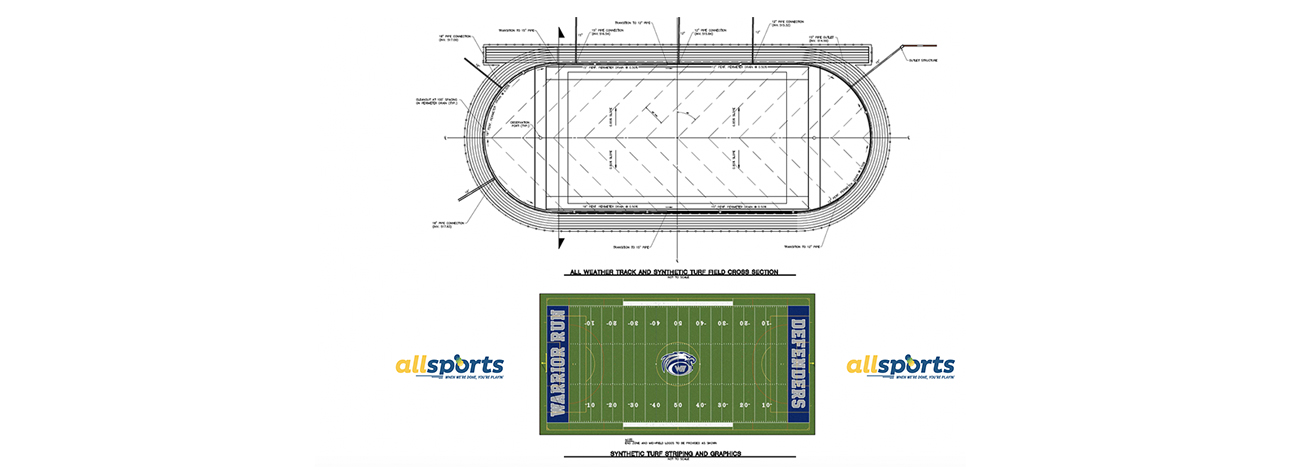 Blue Print, Stadium Field, Benches, Sports Equipment, Scoreboard